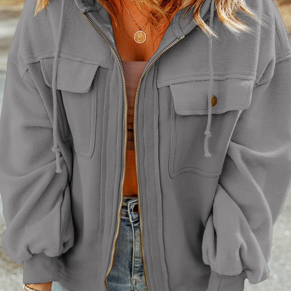 B016 Gray Flap Pocket Drawstring Hooded Zip Up Jacket - Picture 4 of 4